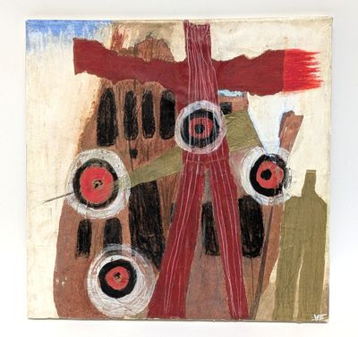 an image of a painting on a white wall with a red and black design