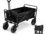 a close up of a black wagon with two wheels and a bag