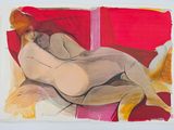 painting of a nude woman laying on a bed with a red background