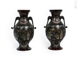 paire de vases munis d'anses de chaque côté, sur fond blanc
