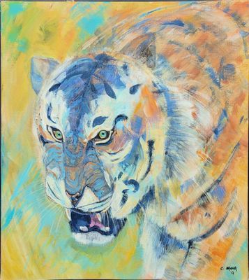 a painting of a tiger on a yellow background