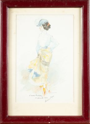 painting of a woman in a blue hat and yellow skirt in a red frame