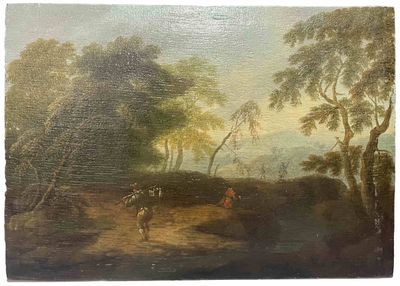 tableau représentant un paysage boisé avec des personnages sur un sentier au bord d'un ruisseau