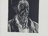 a black and white drawing of a man in a jacket