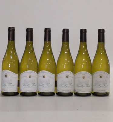 six bottles of white wine lined up in a row on a table