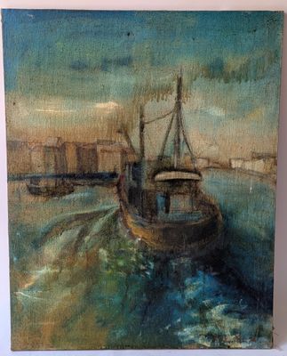 an oil painting of a boat in a body of water