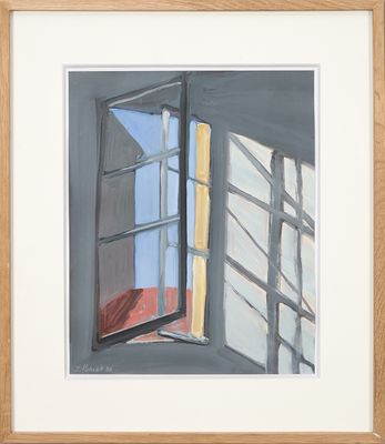 une image représentant un tableau montrant une fenêtre ouverte avec un toit rouge