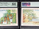 trois timbres différents provenant de pays différents sont représentés sur un fond noir