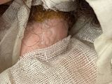 a close up of a person holding a doll with a bandage around it