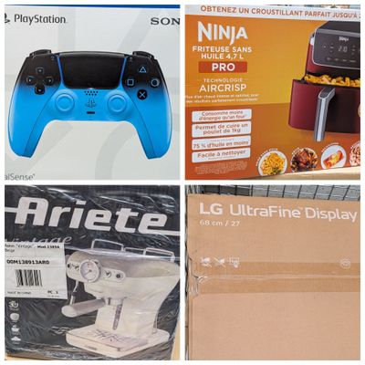 four different pictures of a video game controller in a box