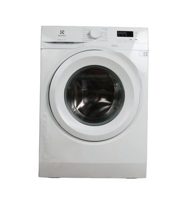 a close up of a white washing machine on a white background