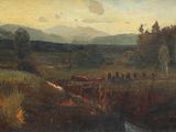 peinture représentant un tableau représentant un paysage avec une rivière et des montagnes en arrière-plan
