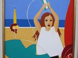un tableau représentant une femme sur la plage avec une planche de surf