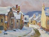 tableau représentant une rue enneigée dans une petite ville