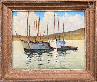 un tableau représentant deux bateaux flottant sur l'eau