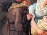 a painting of a woman holding a baby and a man sitting at a table