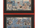 deux panneaux d'un tableau représentant un homme et une femme dans l'eau