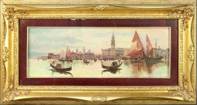 tableau représentant une vue de Venise avec des gondoles et des bateaux au premier plan