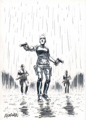 dessin représentant un homme tenant une arme à feu sous la pluie, entouré d'autres personnes