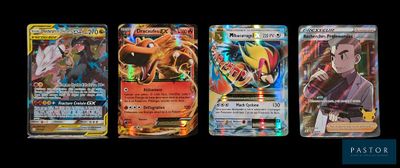 four different pokemon cards are displayed on a black background