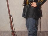 painting of a man in uniform holding a rifle and wearing a hat