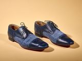 two pairs of men ' s shoes on a yellow background