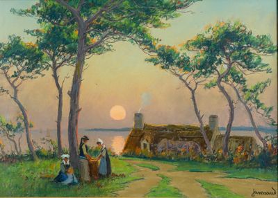 an image of a painting of two people standing in front of a house