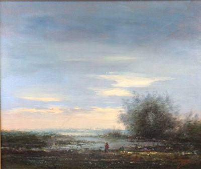 une peinture à l'huile représentant une personne marchant dans un champ près d'un plan d'eau