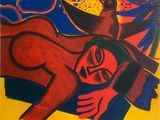 un tableau représentant une femme allongée sur un lit, un oiseau dans la main