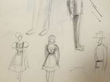 drawing of a group of people with hats and dresses in various poses