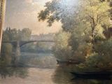 a painting of a bridge over a river with a boat in it