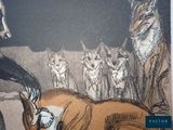 a drawing of a dog laying on the ground next to a group of dogs
