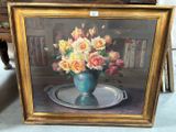 a picture of a painting of a vase of flowers on a tray