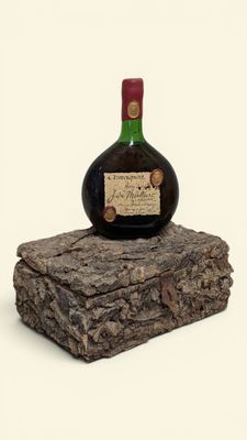 une bouteille de vin posée sur un morceau de bois