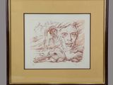 framed drawing of a man and a woman laying on the ground