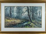 an oil painting of a stream in a wooded area with trees