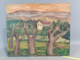 peinture d'un paysage avec des arbres et une maison au loin