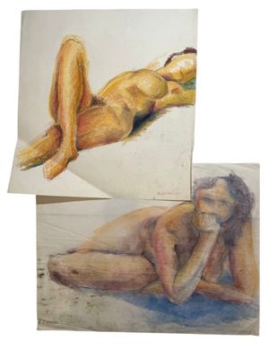 two drawings of a woman laying on the ground next to a man laying on the ground
