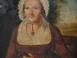 tableau représentant une femme en robe marron et coiffe, assise sur un banc