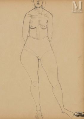 an old drawing of a woman standing with her hands on her hips