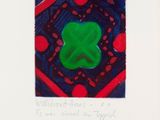 painting of a green leaf with a red border and a blue background