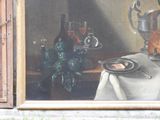 a painting of a table with a plate of food on it