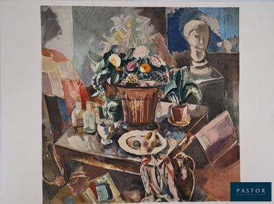 un tableau représentant un vase de fleurs posé sur une table, à côté d'une assiette de nourriture