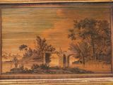 an old picture of a painting of a farm scene in a wooden frame