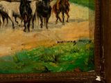 a painting of a herd of cattle walking down a dirt road