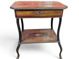 an old wooden table with a drawer on top of it