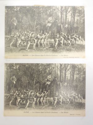 an old black and white photo of a group of people riding horses