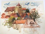 a watercolor painting of a town with a church in the background