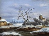 painting of a snowy landscape with a church and a stream in the foreground