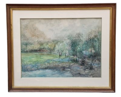 une peinture d'un paysage avec des arbres et une rivière au premier plan